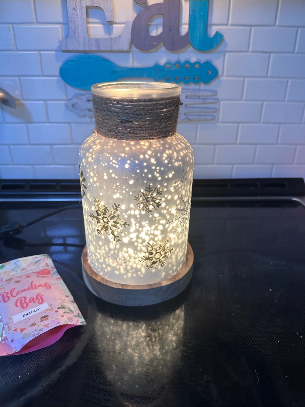 Pink Zebra White Snowflake Jar Light with Twine Accent